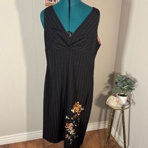 Moods Elegant Black Pinstripe Dress with Floral Embroidery